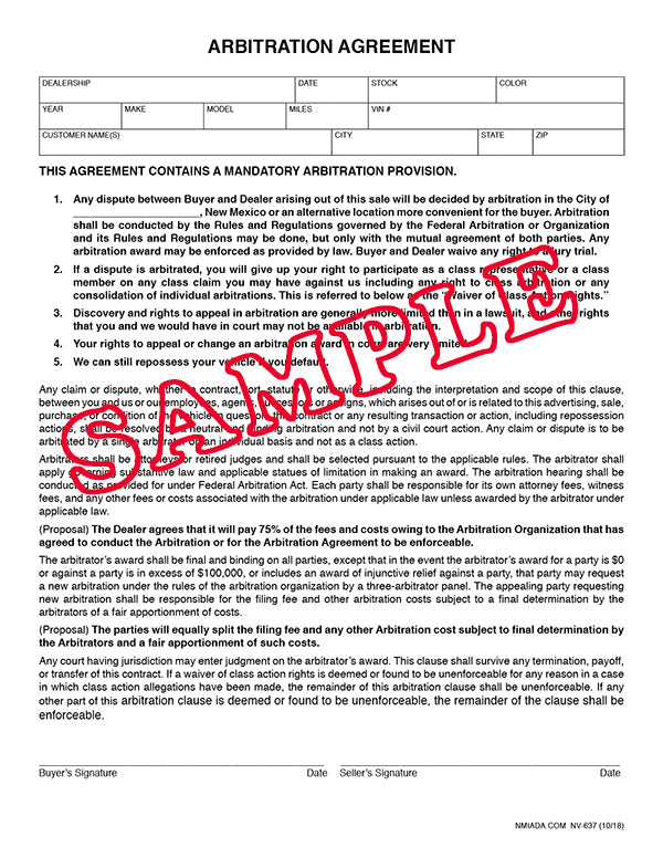Agreement to Arbitrate New Mexico Independent Auto Dealers Association Store
