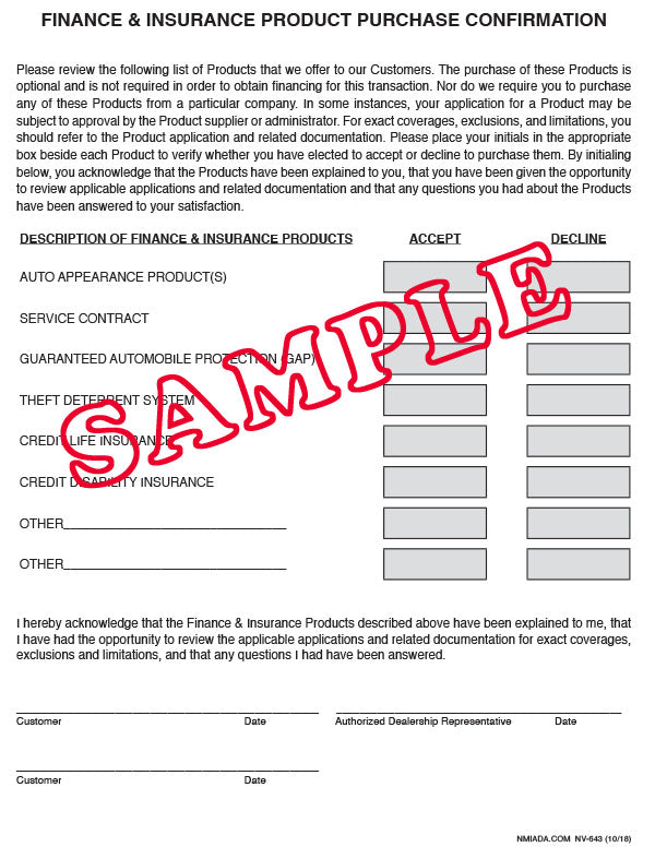 Finance & Insurance Product Purchase Confirmation New Mexico