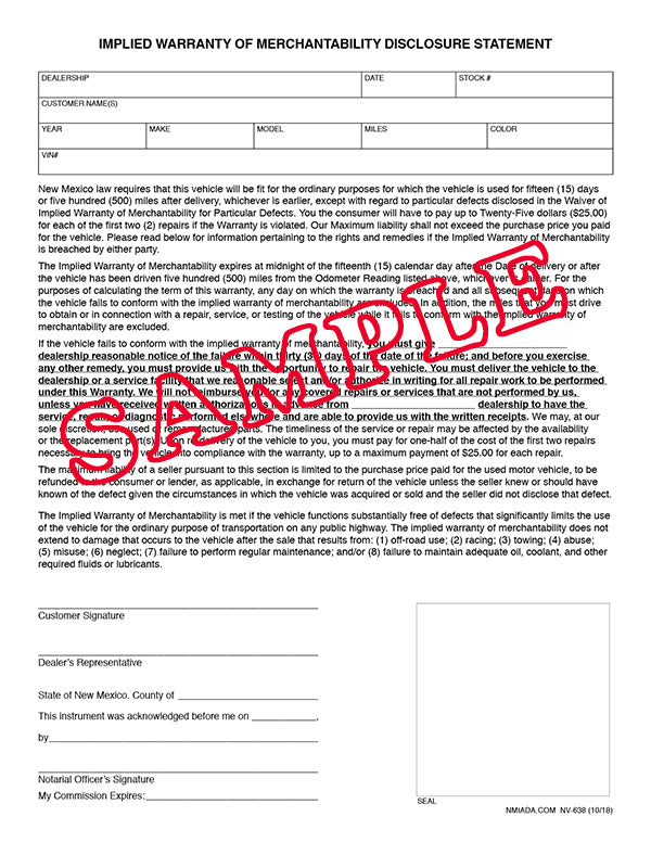 Implied Warranty of Merchantability Disclosure Statement New Mexico