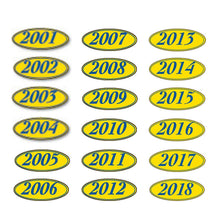 Load image into Gallery viewer, Oval Year Window Stickers Sales Department New Mexico Independent Auto Dealers Association Store 2001 Navy Blue on Yellow
