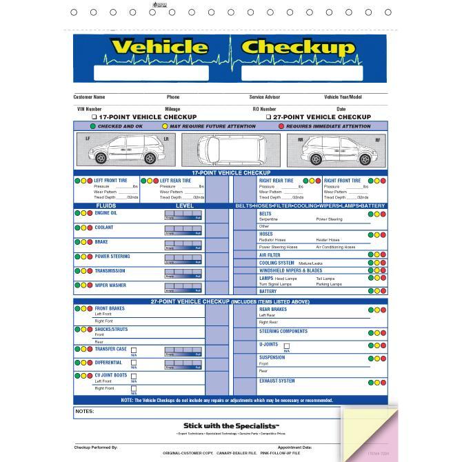 Generic Multi-Point Inspection Forms - Vehicle Checkup Service Department New Mexico Independent Auto Dealers Association Store
