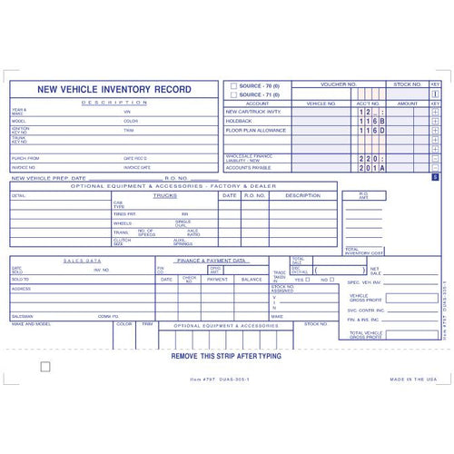 Vehicle Inventory Cards Office Forms New Mexico Independent Auto Dealers Association Store New