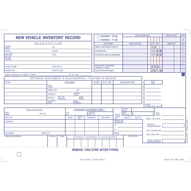 Vehicle Inventory Cards Office Forms New Mexico Independent Auto Dealers Association Store New