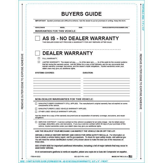 PEEL n SEAL™ 1-Part Buyers Guide - As Is Sales Department New Mexico Independent Auto Dealers Association Store