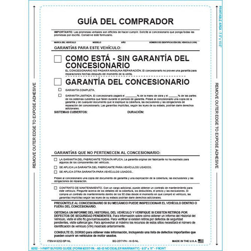 PEEL n SEAL™ 1-Part Buyers Guide Sales Department New Mexico Independent Auto Dealers Association Store As Is - No Lines Spanish