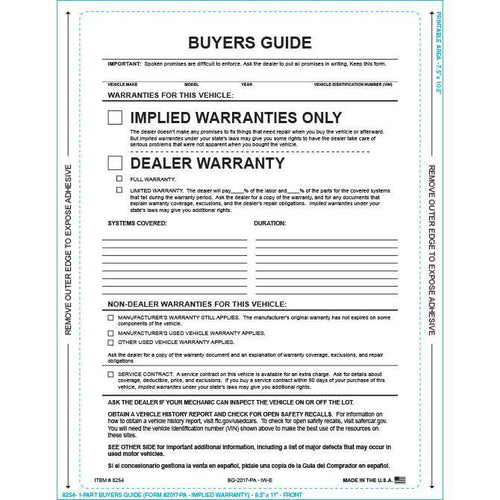 PEEL n SEAL™ 1-Part Buyers Guide - Implied Warranty Sales Department New Mexico Independent Auto Dealers Association Store