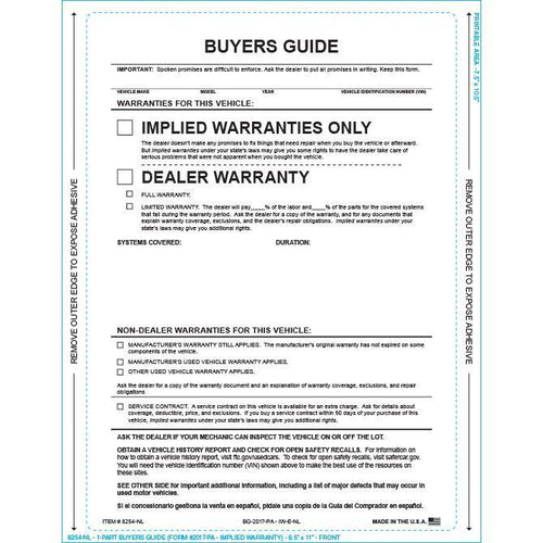 PEEL n SEAL™ 1-Part Buyers Guide - Implied Warranty - No Lines Sales Department New Mexico Independent Auto Dealers Association Store