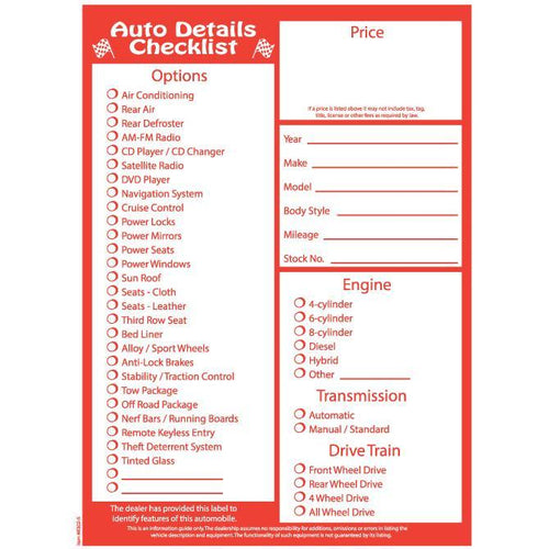 PEEL n SEAL™ Stock Laser Window Stickers - Red Checklist Sales Department New Mexico Independent Auto Dealers Association Store