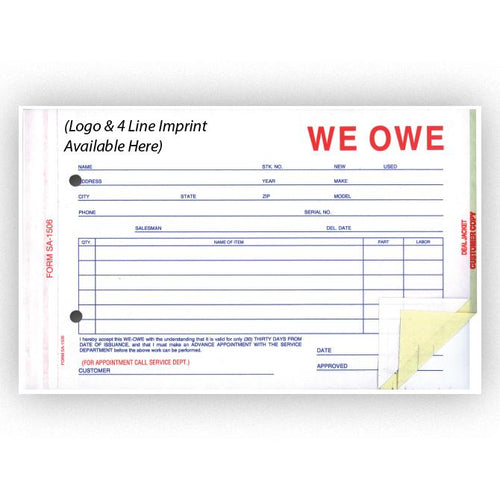 Imprinted We Owe Form Sales Department New Mexico Independent Auto Dealers Association Store 3-Part
