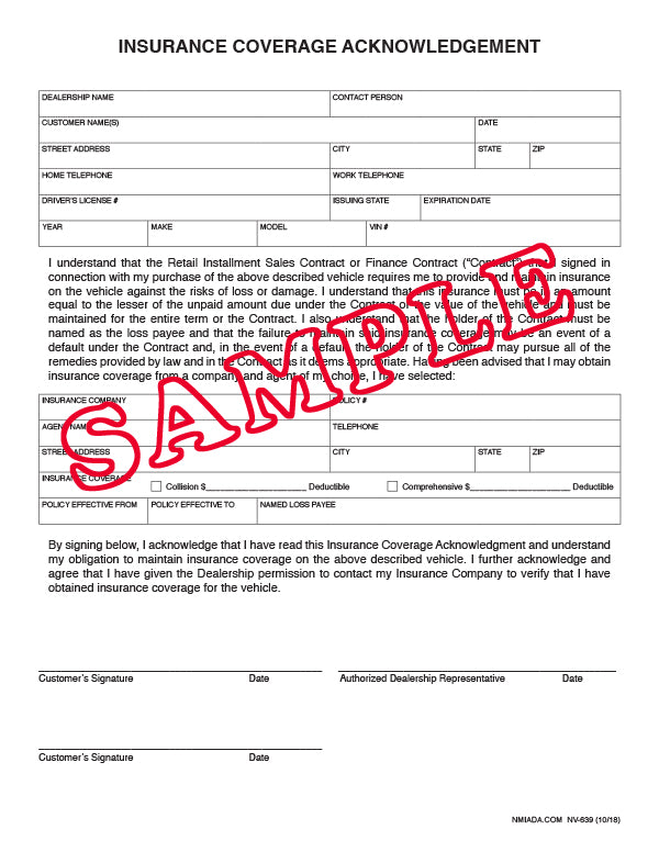 Insurance Coverage Acknowledgement New Mexico Independent Auto Dealers Association Store