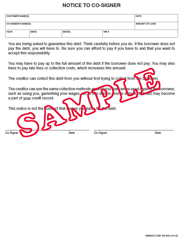 Sample Co Signee Note Notice to Co-Signer – New Mexico Independent Auto Dealers Association Store